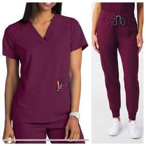 Beyond Scrubs Women's Wine Sunny Top and Happy Jogger Pants Medium Maroon